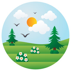 Summer landscape with green hills and blue sky, white clouds and sun concept vector icon design, Paper field landscape Symbol 