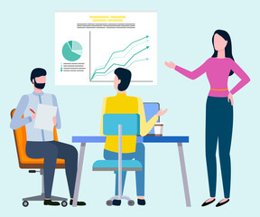 Woman financial analytic pointing on board with scheme, colleagues. Vector people cooperating in team working with laptops, brokers collaboration