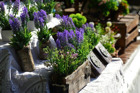 Artificial lavender in wooden crates. Street trade