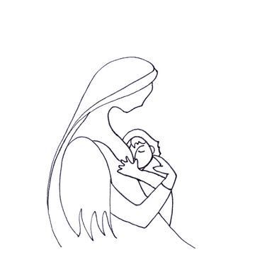 Mother and child, Christmas, breastfeeding, motherhood, graphic linear black and white drawing on a white background
