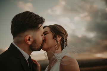 Bride and groom in a park kissing.couple newlyweds bride and groom at a wedding in nature green forest are kissing photo portrait.Wedding Couple