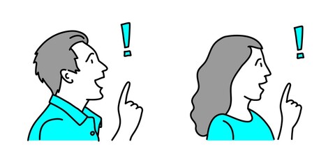 Exclamation point and surprised man, woman. Vector illustration.