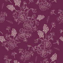 Vector floral seamless pattern with pansies, and other flowers on purple background - 389879143