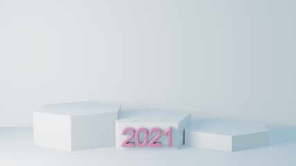 Obraz premium Product display stand and shadow with 2021 number and copy space. Mock up podium in abstract white and blue pastel composition, 3d rendering, 3d illustration