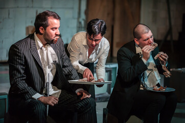 Theater actor artists on stage perform play for audience. Public performance. Theatre scene