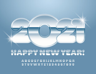 Vector silver greeting card Happy New Year 2021! Reflective metallic Font. Shiny chic Chrome Alphabet Letters and Numbers set