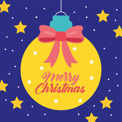 Fototapeta premium happy merry christmas celebration card with ball hanging and stars