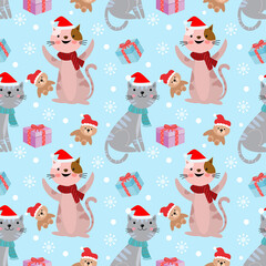 Cute cat wear Christmas hat with gift seamless pattern.