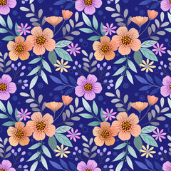 Colorful hand draw flowers on blue background seamless pattern can be use for fabric textile wallpaper.