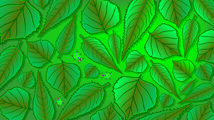 Bright green summer rectangular pattern or wallpaper of different leaves and ladybugs. EPS10