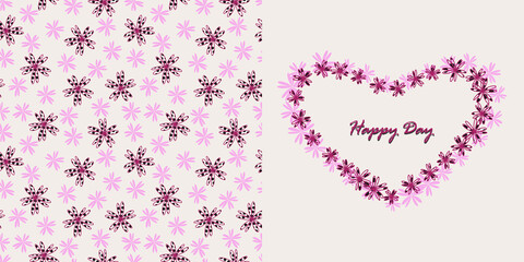 Heart shape frame template and pink floral seamless pattern. Lovely illustration set. Background color is easy to change. Love festive holidays concept