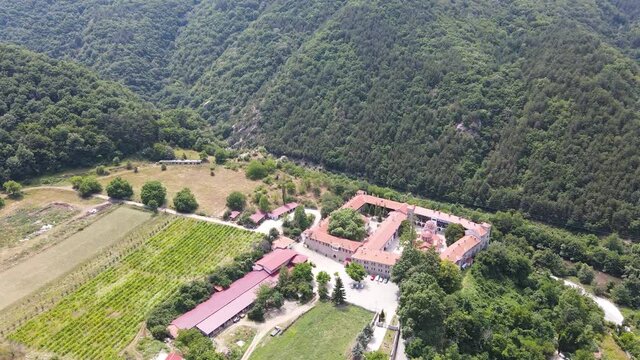 Aerial view of Medieval Bachkovo Monastery Dormition of the Mother of God, Bulgaria