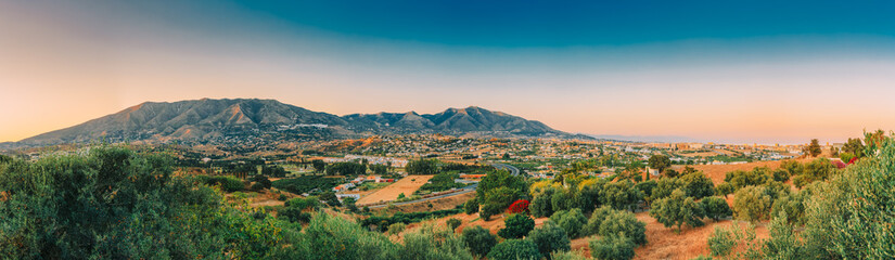 Fototapeta na wymiar Mijas in Malaga, Andalusia, Spain. Summer landscape Cityscape At Sunset Sunrise. Panorama