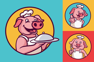 pig chef cartoon animal logo mascot illustration pack
