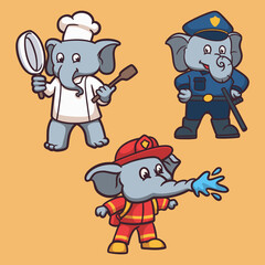 elephant works a chef, police and firefighter animal logo mascot illustration pack