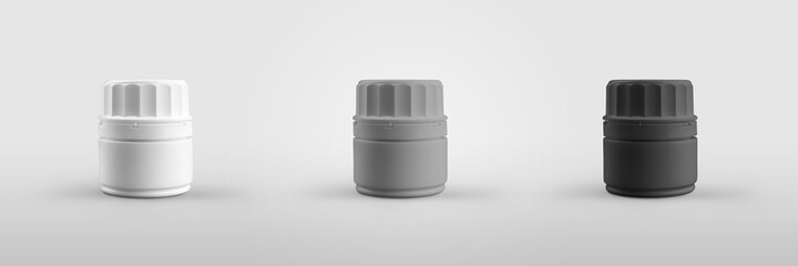 Mockup of a small plastic jar for pills, vitamin, isolated on background.
