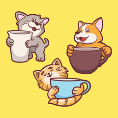 dog and cat with coffee animal logo mascot illustration pack