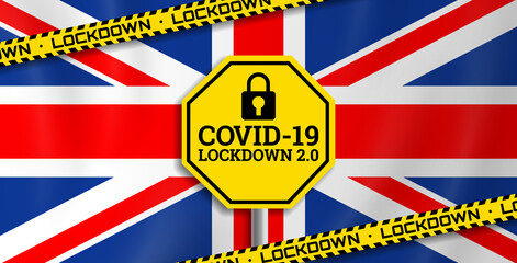 Fototapeta na wymiar United Kingdom flag coronavirus covid 19 second lockdown yellow tape and sign