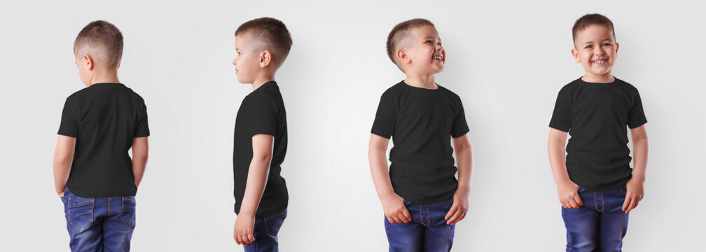 Childrens black clothes template for design presentation, t-shirt on boy, front, side, back view.