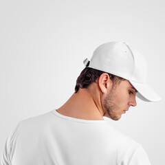 White baseball cap template on guy, back and side view, sport hat isolated on background.