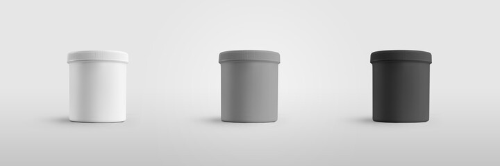 Mockup of a white, black, gray jar with a screw cap, for dietary supplements or a vitamin, isolated on background.