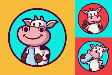 cow holds bottle, happy cow and cow drinks animal logo mascot illustration pack