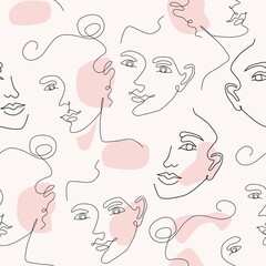 Seamless pattern with women's faces one line style. Modern background.