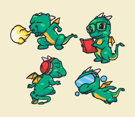 a dragon spits fire, a dragon reads a book, a dragon listens to music and a dragon dives animal logo mascot illustration pack