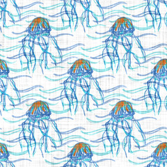 Aquatic blue jelly fish on white linen texture background. Summer coastal living style home decor tile. Under the sea life medusa maritime material. Modern mariner natural textile seamless pattern.
