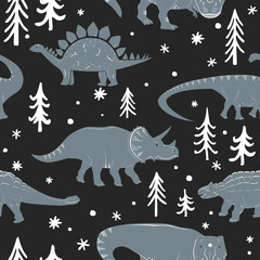 Winter seamless vector pattern with cute young dinosaurs and hand drawn doodle trees and snowflakes. Xmas kids background