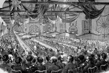 Fete to the children of the Royal Artillery regimental schools. Woolwich, England. 1859. Antique illustration. 1867.