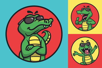 cartoon animal design cool crocodile with glasses cute mascot illustration