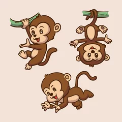 Fototapete Affe Cartoon-Tier-Design-Affe hing vom Baumstamm und sprang niedliche Maskottchen-Illustration