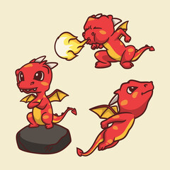 cartoon animal design dragon was standing on a rock, spitting fire and flying cute mascot illustration