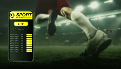 Smartphone screen with mobile app for betting and score. Device with match results on screen,...