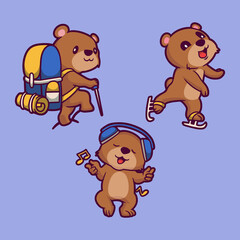 Fototapeta premium cartoon animal design bears hike, go skiing and listen to music cute mascot illustration