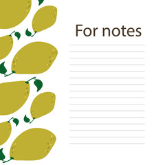 Cookbook page vector template. A place to write recipes. Vector illustration. Fruit. Mango in cartoon style