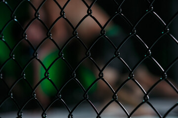 Fighter arena cage close up, metal black coated net