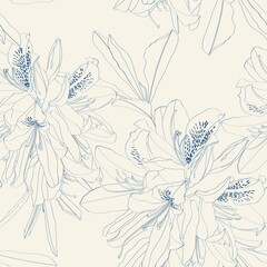 Line Rhododendron Cosmopolitan flowers, blue outline on a vintage background. Seamless pattern.