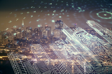 Double exposure of buildings hologram over cityscape background. Concept of smart city.