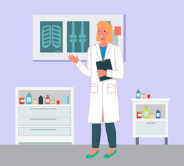 Female doctor in medical office holding blank clipboard. Health protection concept. Therapist woman or nurse in medical clothes in the hospital standing near x-rays of the bones of the trunk and legs