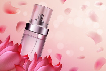 Flower perfume cosmetics vector illustration. Natural fragrance, aromatic perfumed product in realistic glass bottle on pink floral background with flower petals, cosmetology aromatherapy advertising