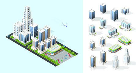Realistic High Quality Town . Set of Isolated Isometric City Elements