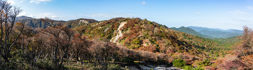 Fototapeta na wymiar 鈴鹿三池岳の山頂から紅葉に色づく八風峠方面を眺めて