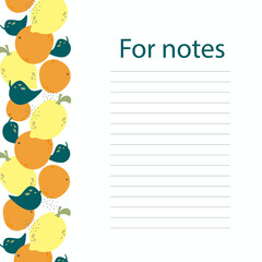 Cookbook page vector template. A place to write recipes. Vector illustration. Fruit