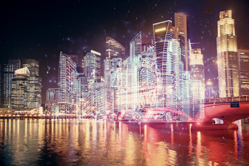 Fototapeta premium Double exposure of buildings hologram over cityscape background. Concept of smart city.