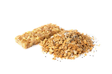 Granola and granola bar isolated on white background.