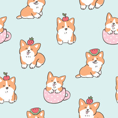 Seamless Pattern with Cute Cartoon Corgi Dog Design on Light Green Background