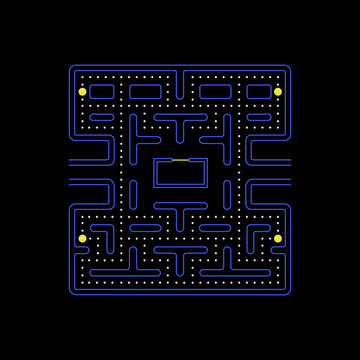 Old video game Pacman maze or labyrinth scene, retro dot eater screenshot background, vector illustration