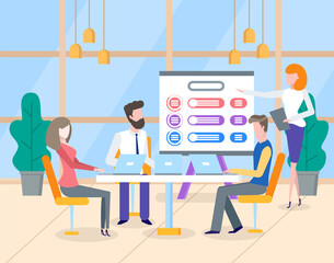 Man and woman characters discussing work, presenter showing scheme on board. Meeting team and creative strategy, employees using laptop, office vector